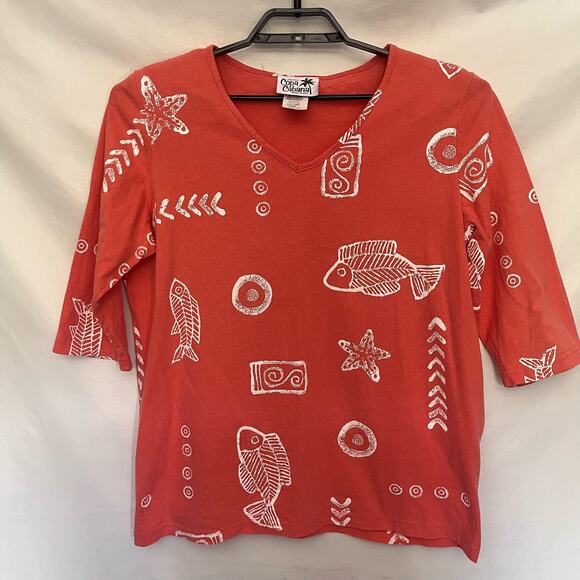 COPA CABANA 3/4 Sleeve Fish Print Womens Top Size Large Coral Orange Beachy USA - Picture 9 of 9